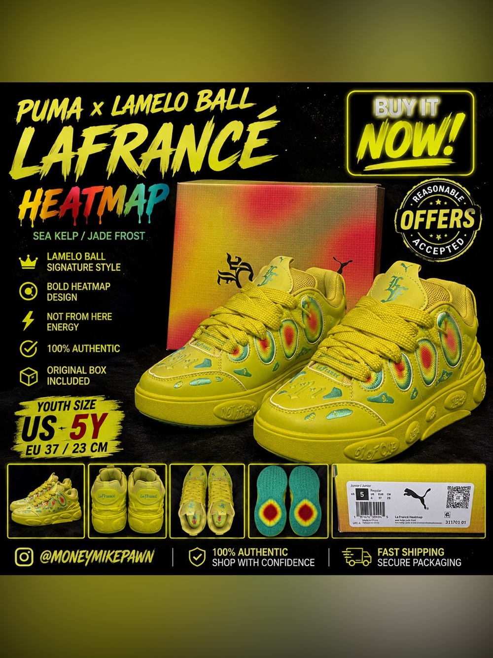 PUMA x LaMelo Ball LaFrancé Heatmap Sneakers Sea Kelp Size 5Y Box